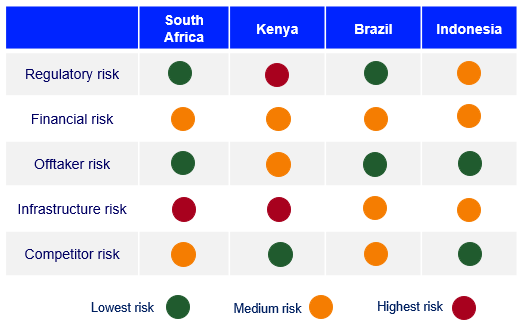 Regulatory, financial, offtaker, infrastructure and competitor risks in selected emerging markets