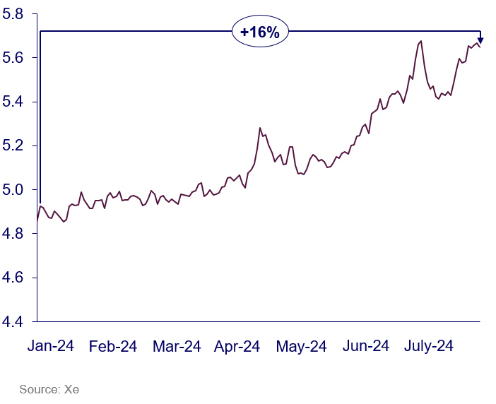 Brazilian real to US dollar exchange rate through 2024